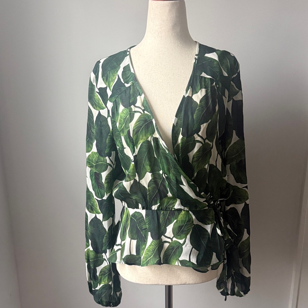 Milly Green Leaf Print Wrap Blouse Size 6 Silk Tropical Long Sleeve Sheer Top